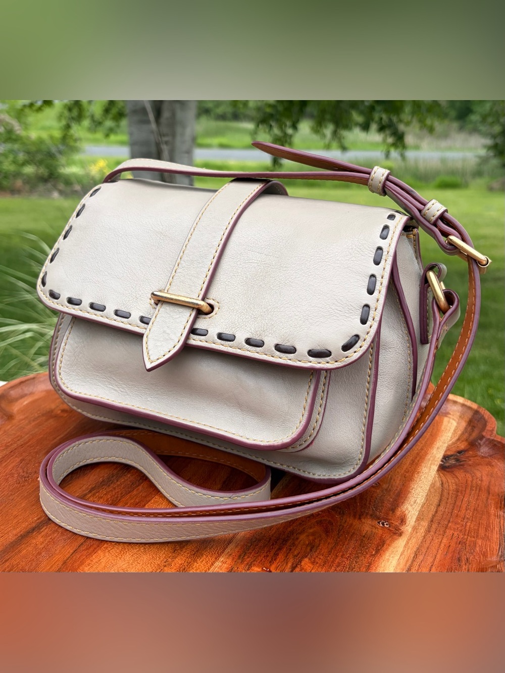 Dooney & Bourke Binocular Florentine Leather Bone Off-White Crossbody - Picture 3 of 17